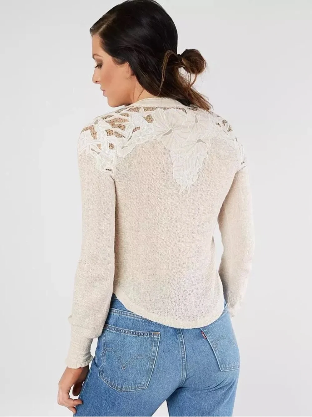Free People East Breezy Appliqué Open Weave Henley Oatmeal XS NWT